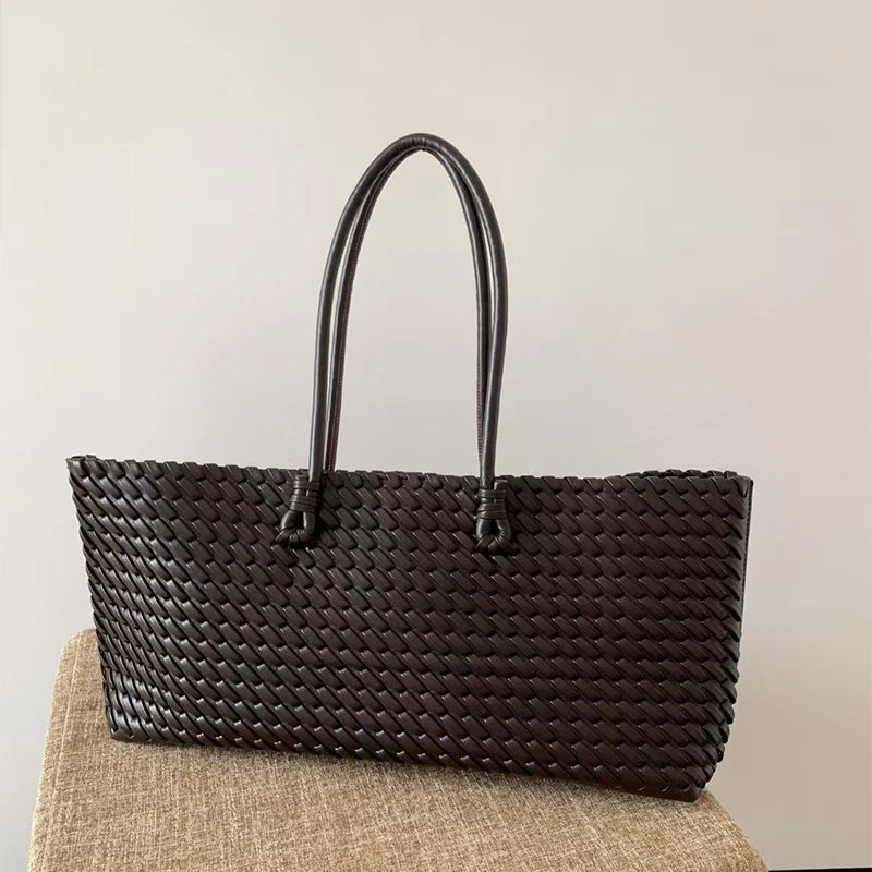 Luxury Top Handle Tote Bag Elongated Exquisite Woven Shopping Bag Magnetic Closure Pocket Shoulder Bag Designer Horizontal Purse