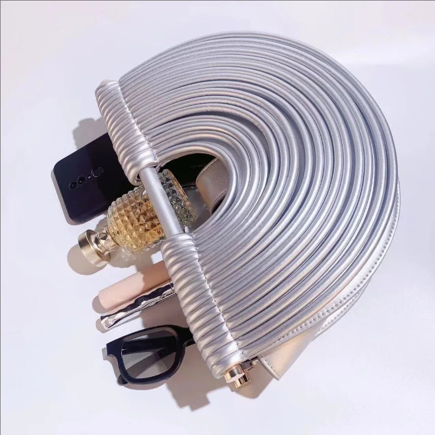 Handbags for Women 2025 New Gold Luxury Designer Brand Handwoven Noodle Bags Half Round Pulled Hobo Silver Evening Clutch Chic