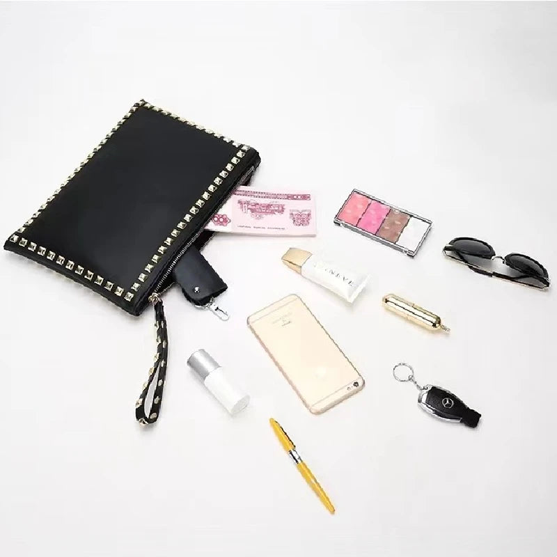 Leather Rivet Handbags for Women, Daily Clutches, Black Envelope, Evening Party Bag, High Quality, Female Shoulder Bags
