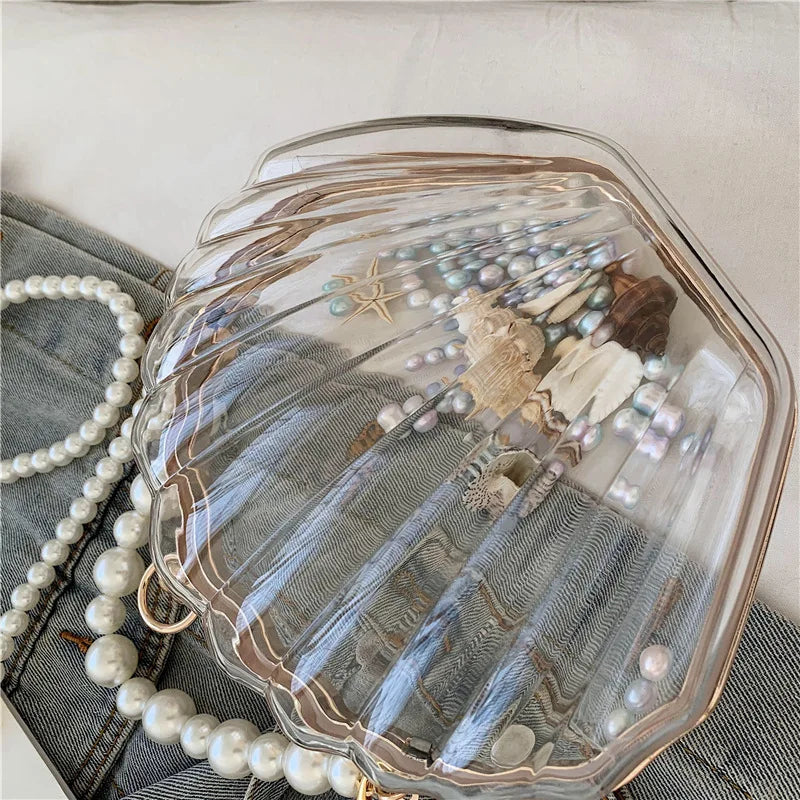 Evening Bags for Women 2023 New Transparent Shell Bag Clutch Box Handbags Pearl Chain Crossbody Bag Acrylic Purse Shoulder Bag