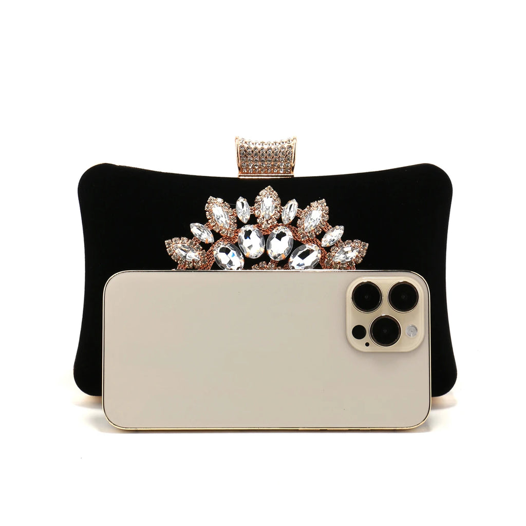 Black Color Women Evening Bags  Velvet Party Handbags Flower Rhinestones Clutch Bags New Arrival Event Banquet Flap Diamonds Pur