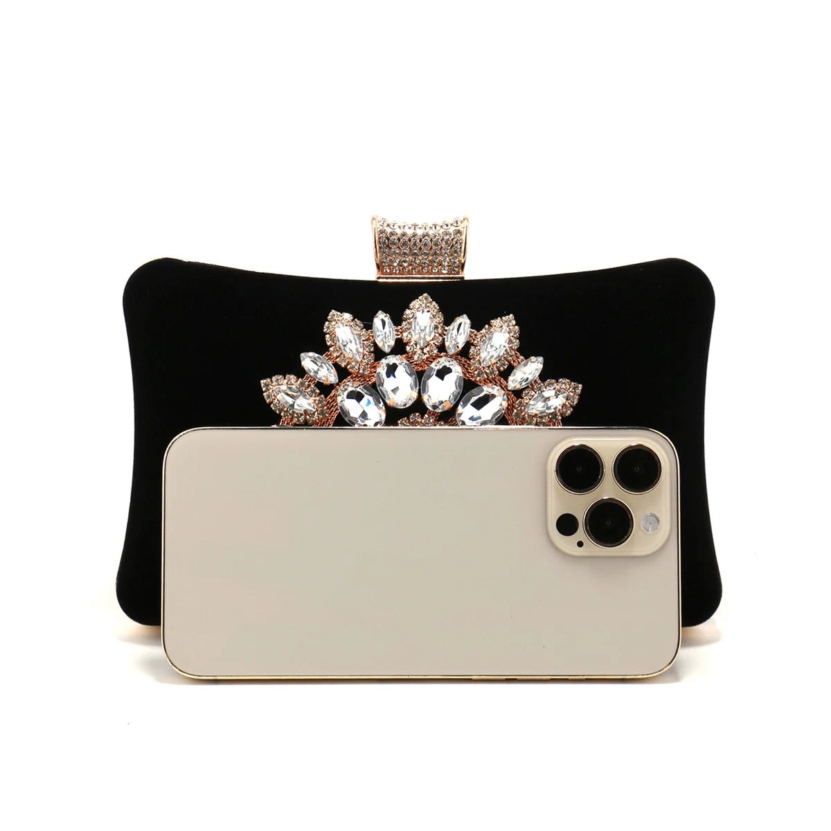 Black Color Women Evening Bags  Velvet Party Handbags Flower Rhinestones Clutch Bags New Arrival Event Banquet Flap Diamonds Pur