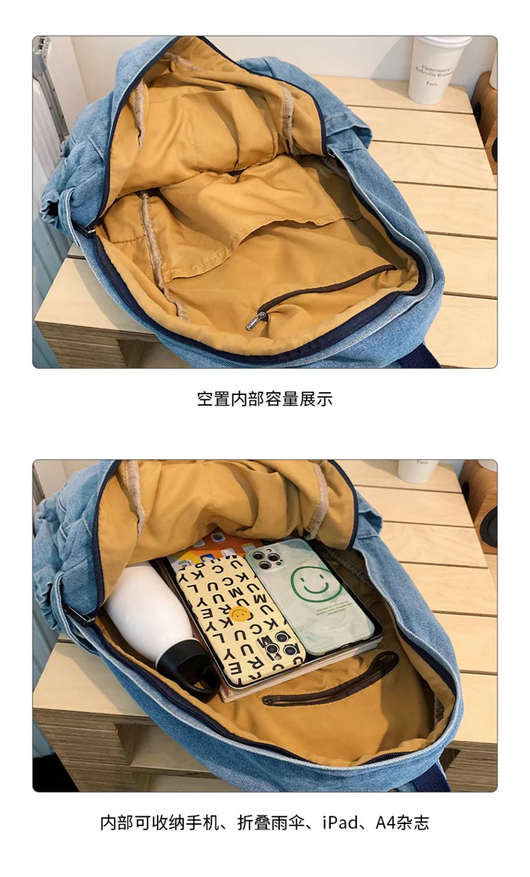 Blue Denim Backpacks For Women 100% Cotton Leisure Or Travel Bags Unisex Large Capacity Canvas Satchels Cloth Korea School Bags