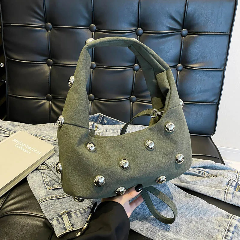 Luxury Purple Handbag For Women Luxury Studded Beading Handbags Wine Red Purse Solid Color Suede Leather Shoulder Crossbody Bags