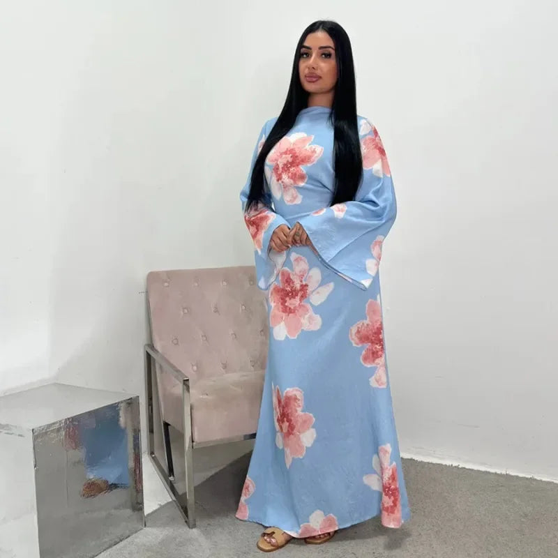 Elegant Floral Print Abaya Dress for Muslim Women Modest Full-Length Ankle-Grazing Maxi Robe 2025 Summer Islamic Turkey Outfit