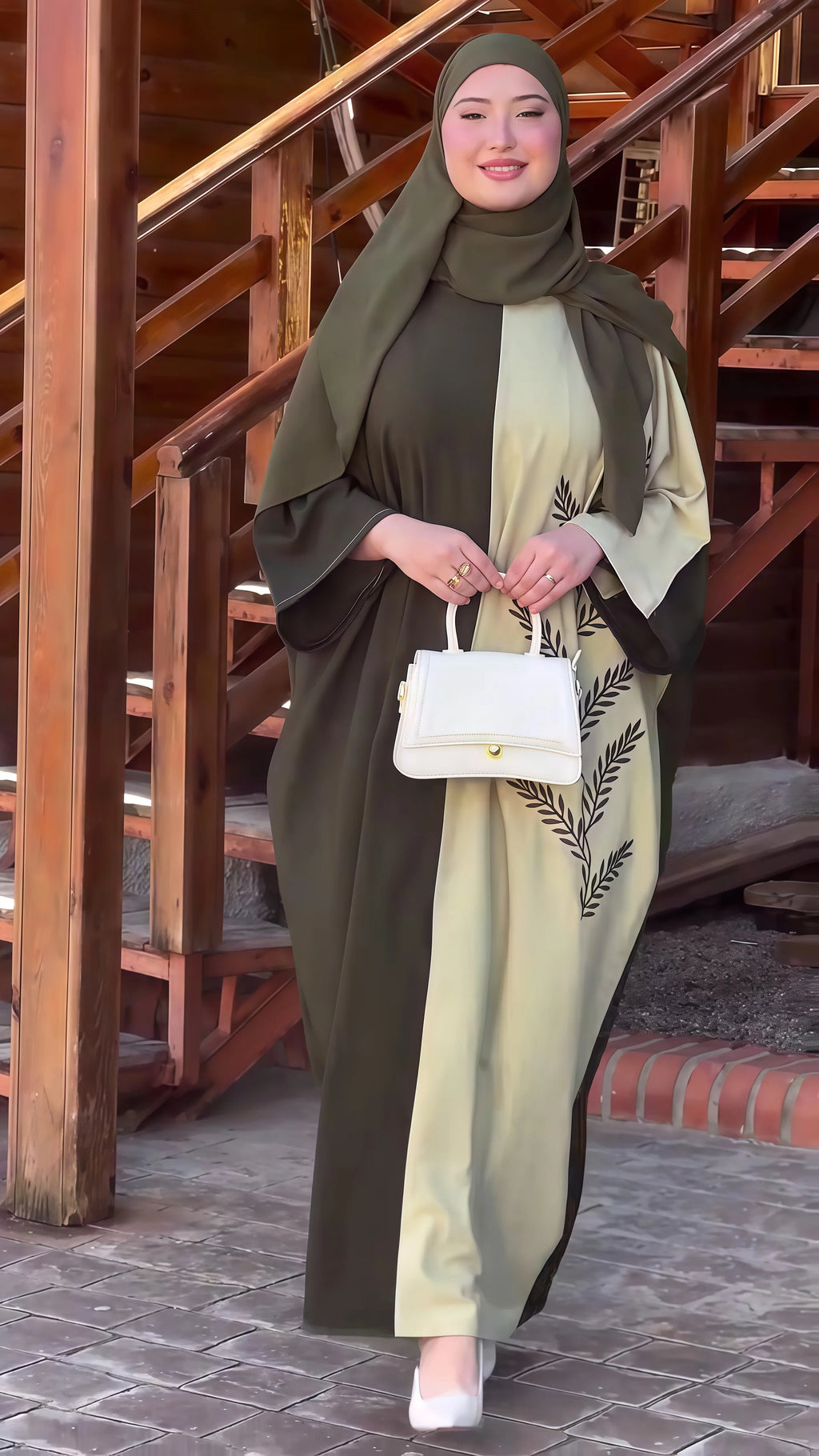 Women's Muslim Abaya Two Tone Olive and Beige with Leaf Embroidery Matching Hijab Elegant and Modest for UAE Saudi Arabia Qatar