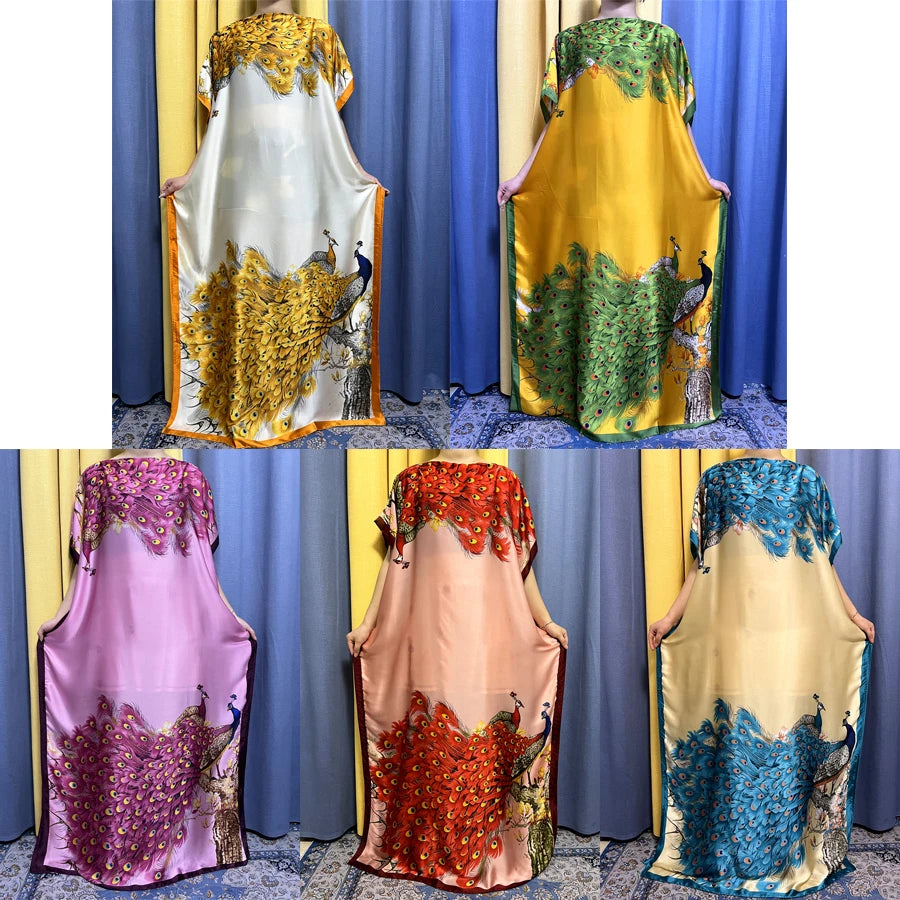 Muslim Silk Abayas For Women 2023 Fashion Print Islam Turkey Loose Elegant Femme Robe African Summer Ice Clothes With Headscarf