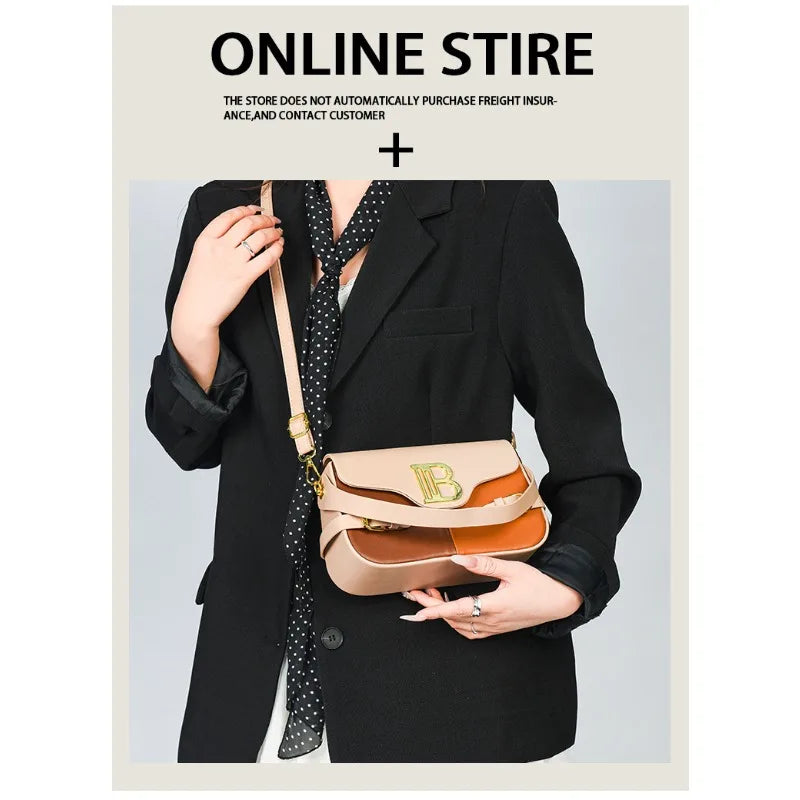 Luxury women's crossbody bag with color-blocking and stitching, box-style multi-color textured light luxury commuter bag.