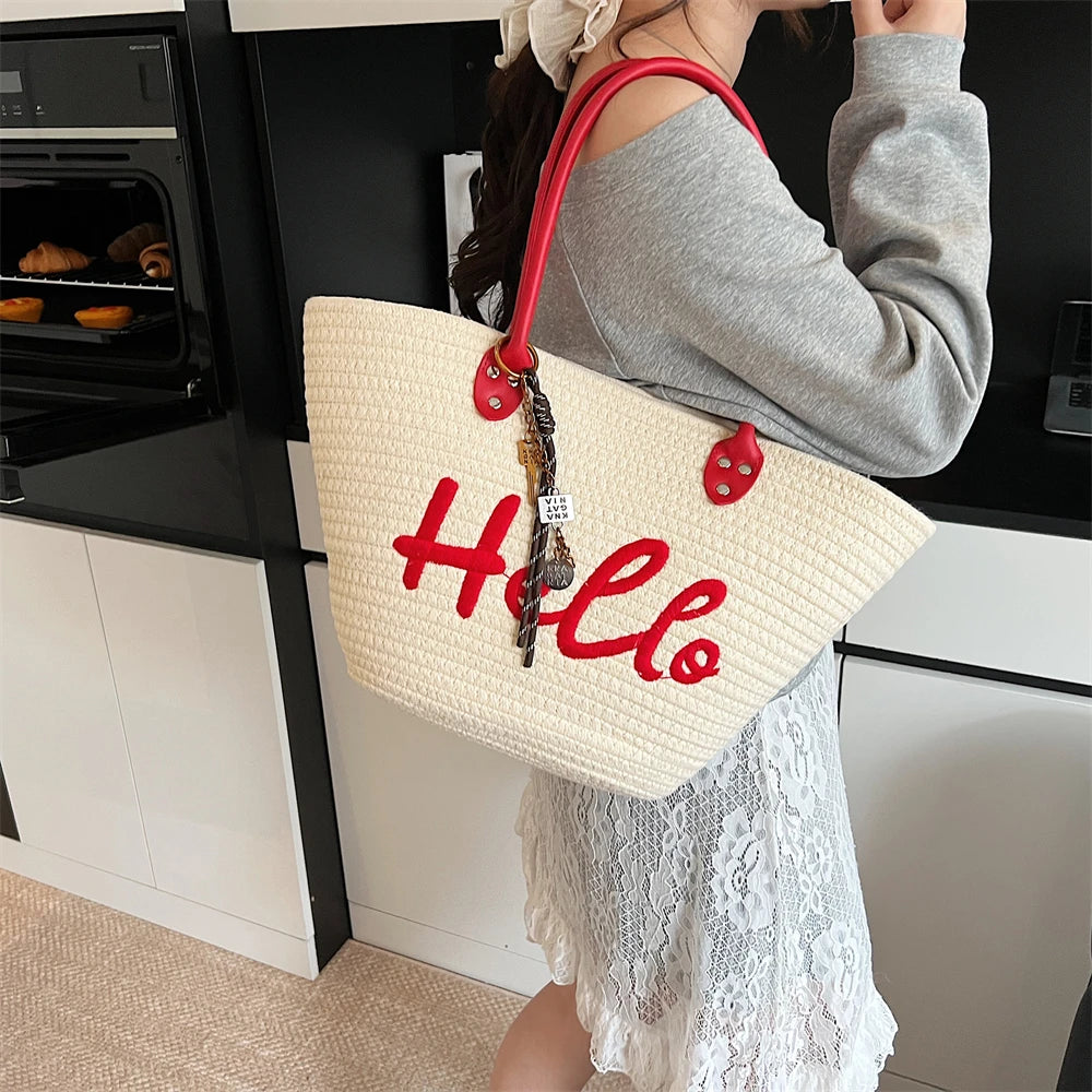 Simple Fashion Big Tote Bags For Women Cotton Fabric Woven Design Letter Embroidered  Luxury Large Capacity Shopper Shoulder Bag
