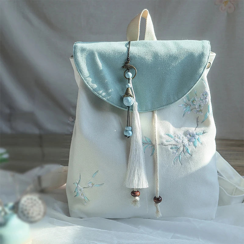 Women's Canvas Embroidered Flower Tassel Backpack Chinese Style Hanfu Casual Pendant Multi Pocket Large Capacity Girls Handbag