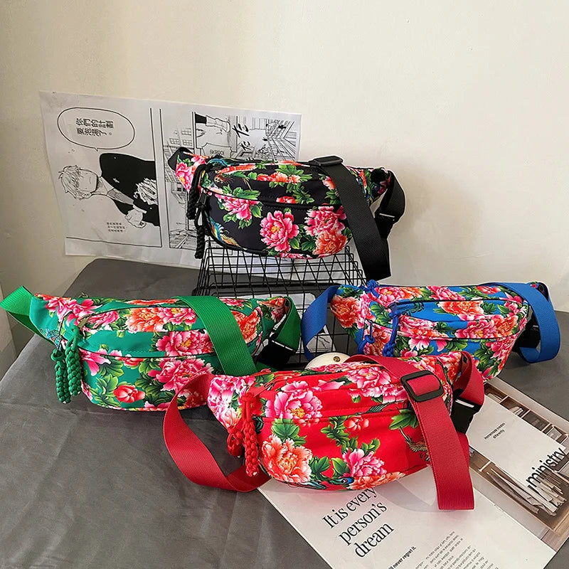 Women Fanny Bag Pack Large Flower Nylon Belt Bags Fashion Waist Pack Zipper Bag Adjustable Lightweight Multifunction Waterproof
