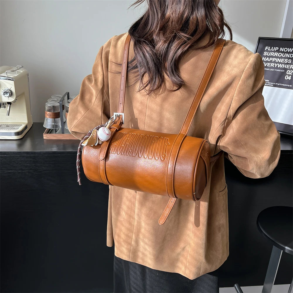 Multifunctional Cylinder Shaped Shoulder Bags For Women 2024 Winter Latest Designer Handbags Luxury Cross Body Bag With Pendant