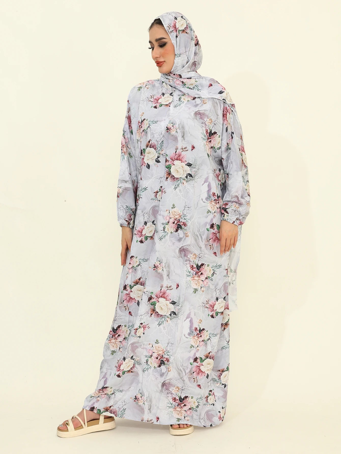Autumn New Muslim Fashion Abaya Dresses with Hijab One Piece Prayer Dresses Flower Printed Pretty Dubai Abayas