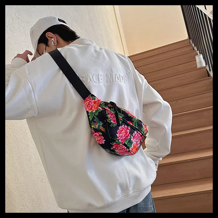 Women Fanny Bag Pack Large Flower Nylon Belt Bags Fashion Waist Pack Zipper Bag Adjustable Lightweight Multifunction Waterproof