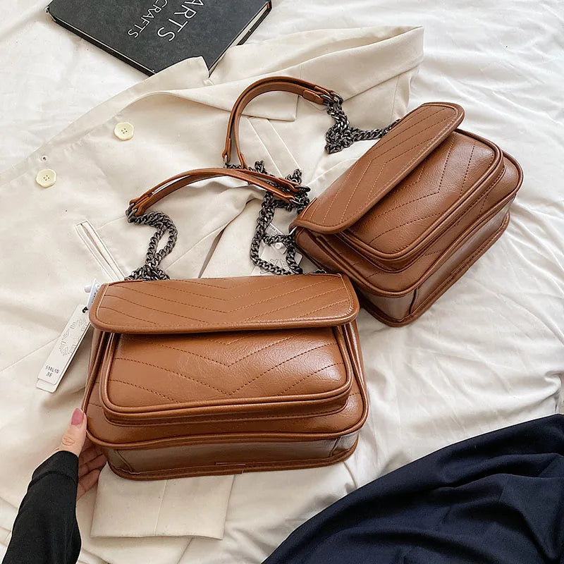 Luxury Chain Shoulder Bags For Women V-line Embroidery Dual Straps Designer Crossbody Messenger Bag Multi Pockets Female Handbag