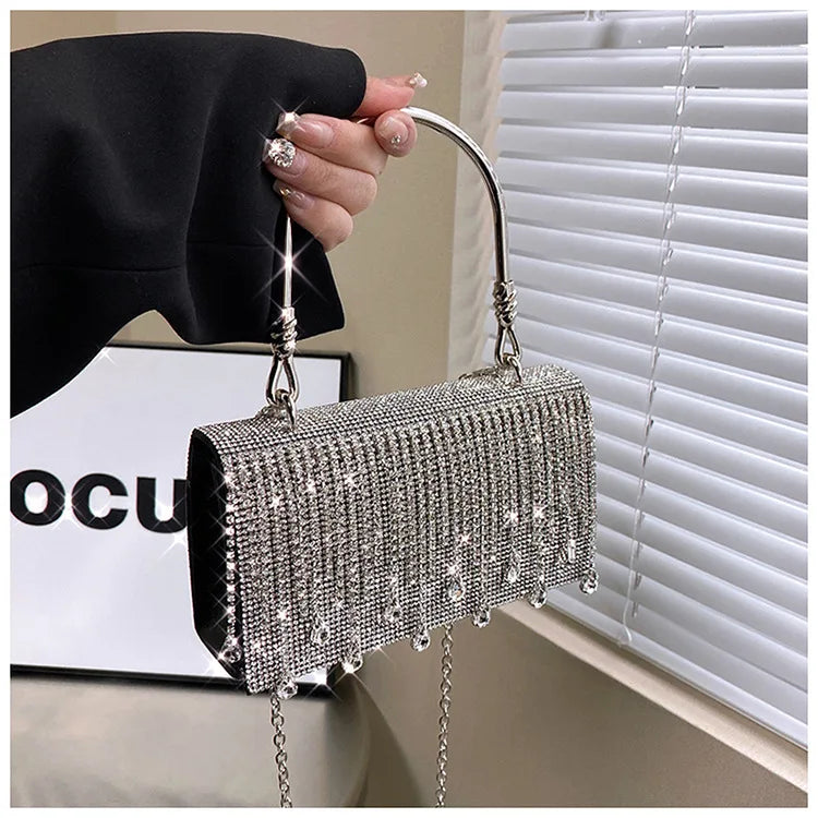 Luxury Golden Shoulder Bag 2025 New for Women, Elegant Rhinestone Clutch Purse, Versatile Crossbody Bag with Adjustable Chain