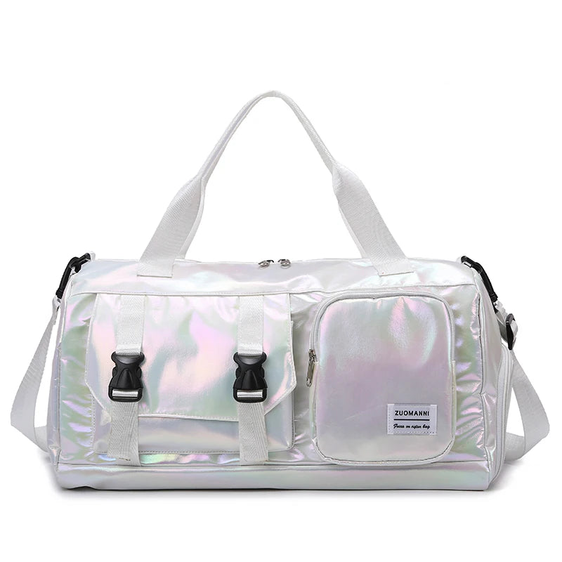 Holographic Glamour Duffel Bag - Spacious,Stylish Shoulder Tote with Shoe Compartment for Effortless Weekend Escapes -
