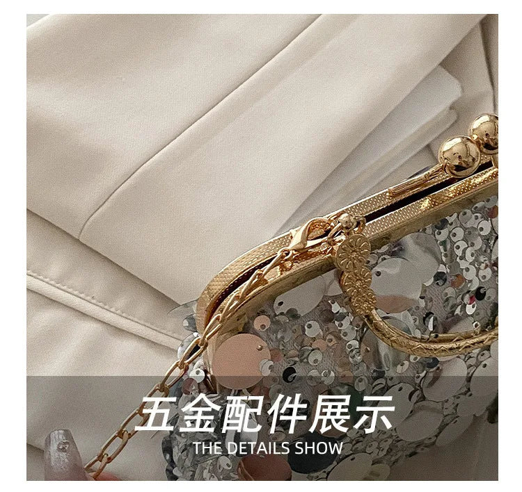 Elegant Sequined Evening Shoulder Bags for Women Solid Color Ladies Clip Chain Crossbody Bag Casual Female Shell Handbags Purse