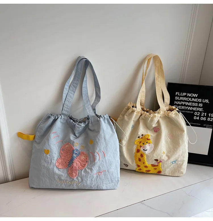 Leisure Large Capacity Single Shoulder Bag Trendy Embroidered Nylon Tote Bag School Style Sweet Handle Bag