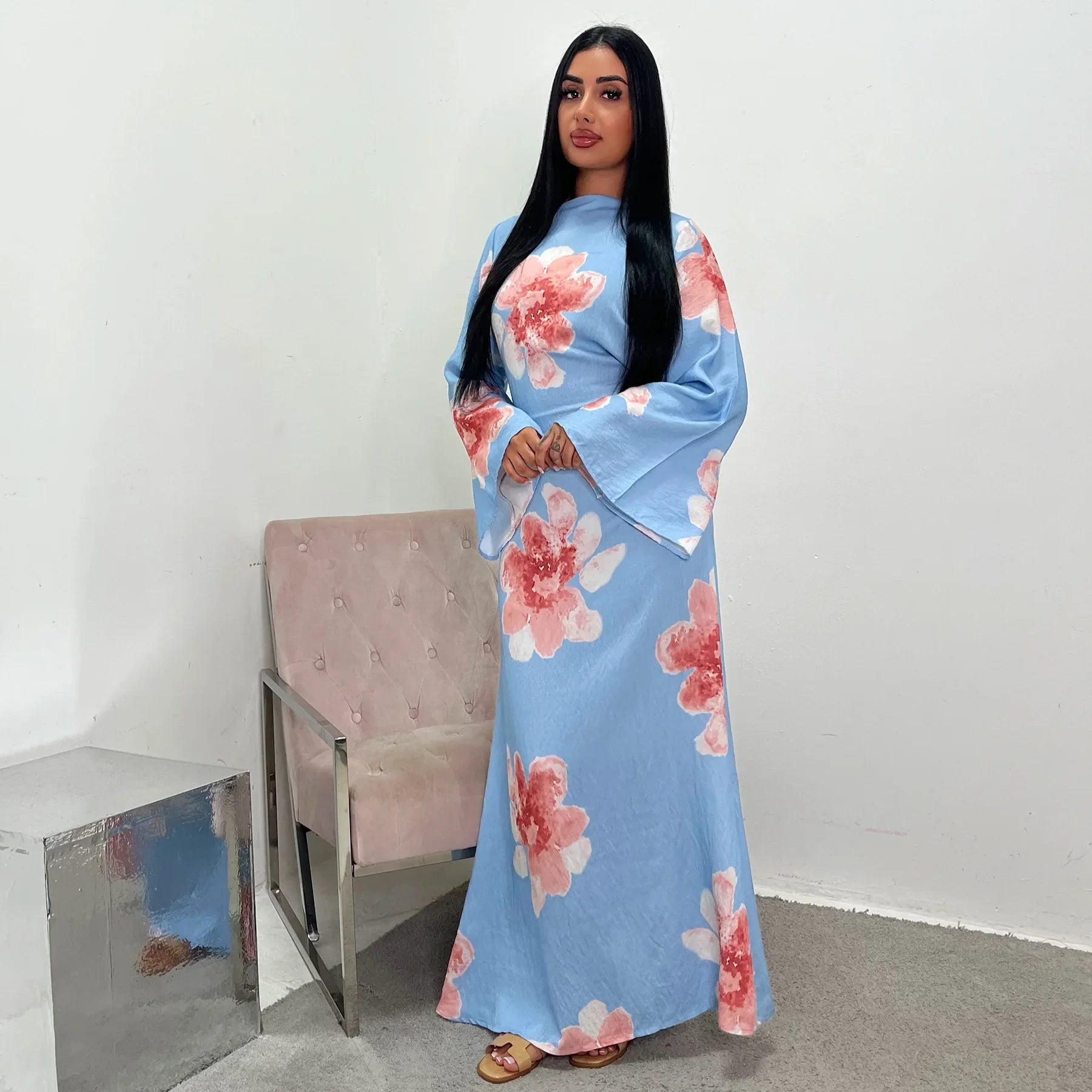 Elegant Floral Print Abaya Dress for Muslim Women Modest Full-Length Ankle-Grazing Maxi Robe 2025 Summer Islamic Turkey Outfit
