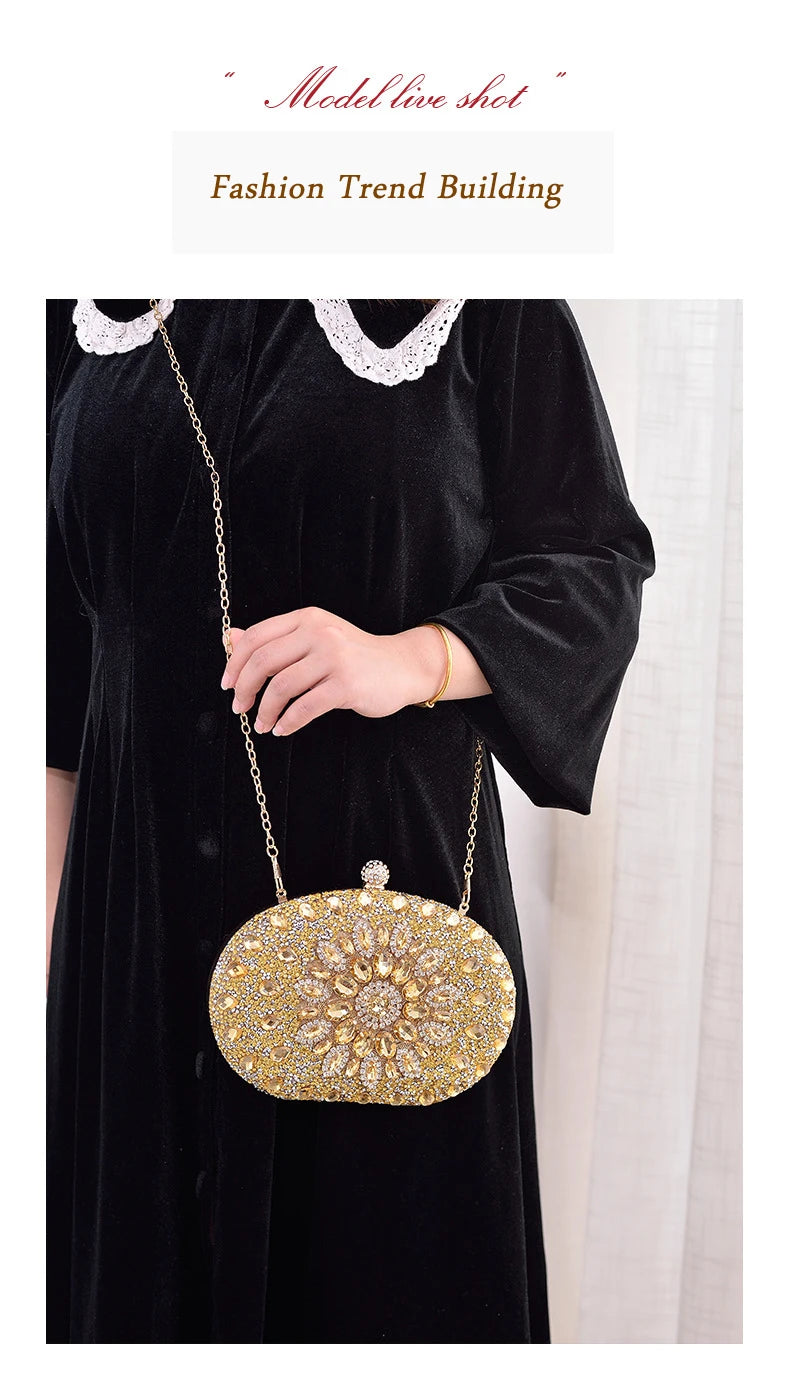 Gold Round Bag Luxury Brand Rhinestone Clutch Bags for Women 2024 Crystals Party Purses Diamond Designer Crossbody Handbags