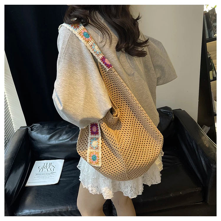 2025 Summer New – Bohemian Fresh Hollow Woven Tote Bag – Large Capacity Single-shoulder for Leisure & Vacation