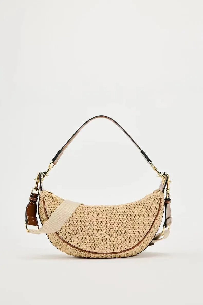 Fashion Woven Hobo Straw Bag Bohemian Half Moon Travel Beach Bags for Women Handbags Designer Handmade Shoulder Crossbody Bag