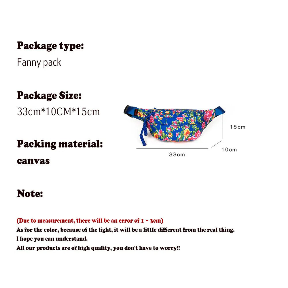Women Fanny Bag Pack Large Flower Nylon Belt Bags Fashion Waist Pack Zipper Bag Adjustable Lightweight Multifunction Waterproof