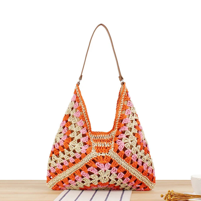 Summer Bohemian Braided Handbag Casual Tote Hollow Straw Beach Bag Woven Shoulder Bag Raffia Rattan Shopping Travel Bag