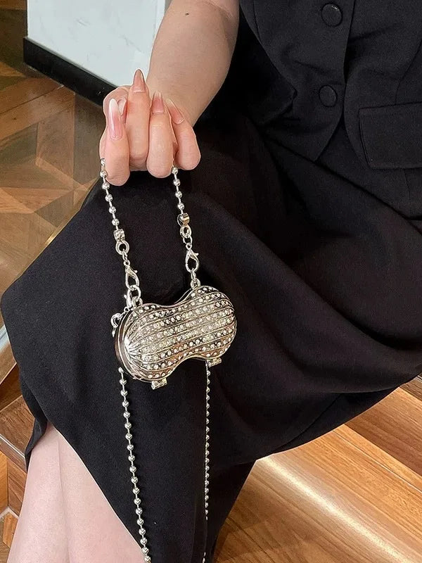 Luxury Diamond Inlay Peanut Shape Crystal Clutch Purse Stones Evening Wedding Party Shoulder Bag Handle Rhinestone Mini Handbags