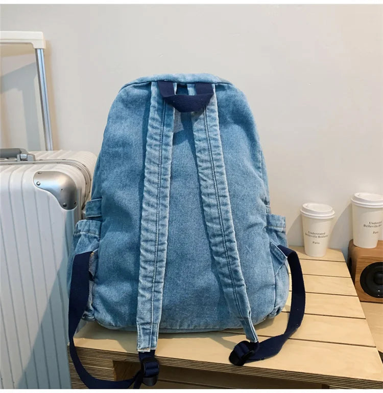 Blue Denim Backpacks For Women 100% Cotton Leisure Or Travel Bags Unisex Large Capacity Canvas Satchels Cloth Korea School Bags