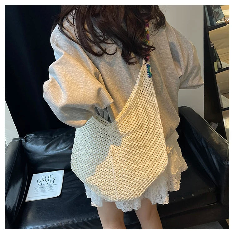 2025 Summer New – Bohemian Fresh Hollow Woven Tote Bag – Large Capacity Single-shoulder for Leisure & Vacation