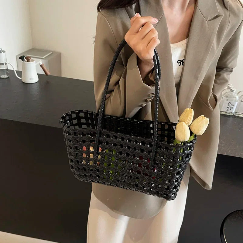 LEFTSIDE Small Solid Color Weave Tote Bags for Women 2025 Fashion Summer Shoulder Bags Simple Handbags Hollow Out Beach Bag