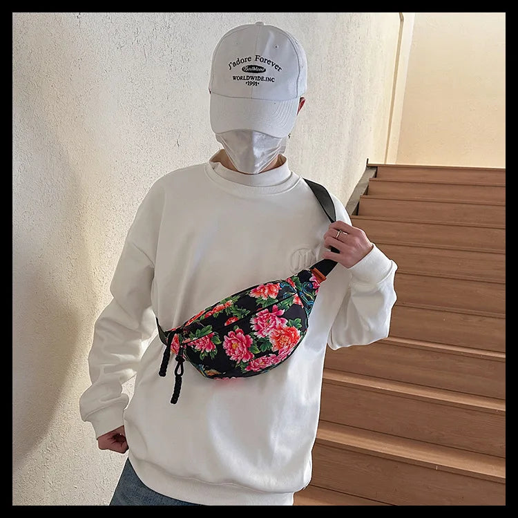Women Fanny Bag Pack Large Flower Nylon Belt Bags Fashion Waist Pack Zipper Bag Adjustable Lightweight Multifunction Waterproof