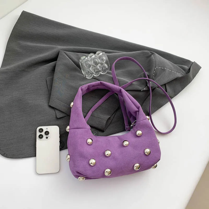 Luxury Purple Handbag For Women Luxury Studded Beading Handbags Wine Red Purse Solid Color Suede Leather Shoulder Crossbody Bags