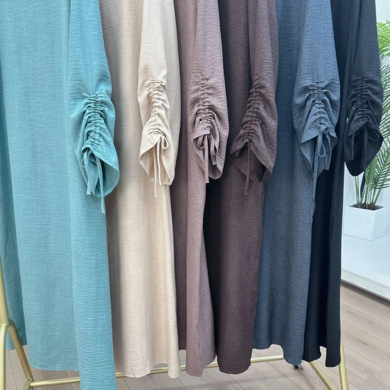 2024 Saudi Arabia Muslim Women Modest Dress Eid Dubai Plain Abaya Islamic Holiday Party Solid Turkey Lace-up Cuffs Long Clothes