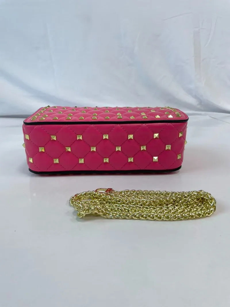 Handbags for Women Sheepskin Leather Rivet Chain Bag Designer Shoulder Bags Luxury Woman Messenger-package Rose Red