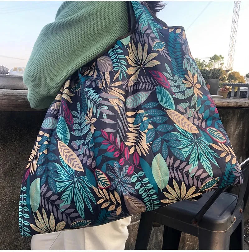 Fashion Pocket Tote Women Bag Eco-Friendly Folding Shopping Bag Reusable Portable Shoulder Handbag for Travel Supermarket