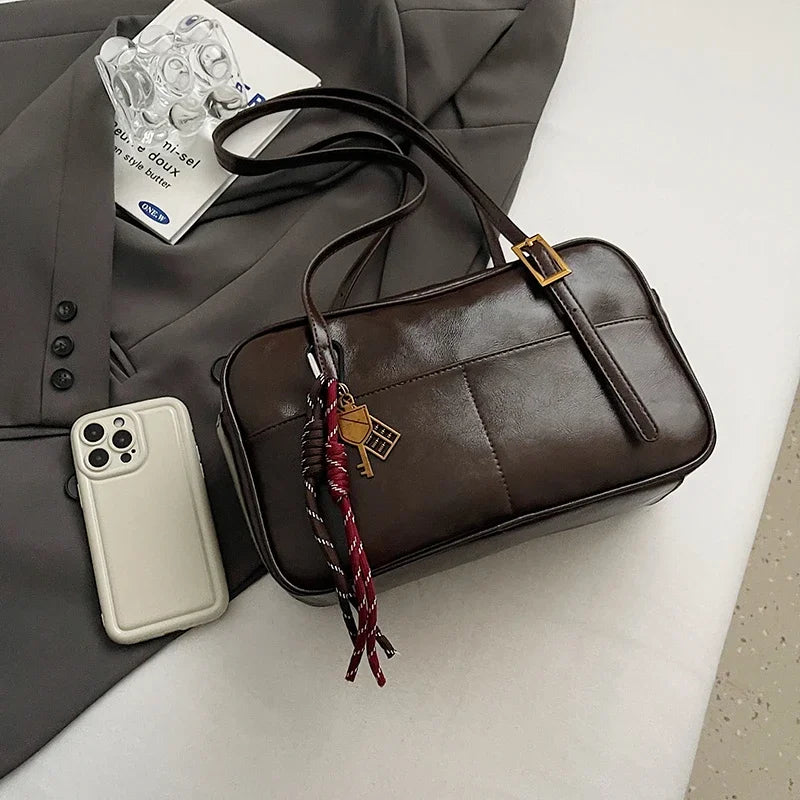 Luxury Black PU Leather Crossbody Bag for Women - Golden Buckle Strap & Red/Black Plaid Tassel, Y2K Underarm Bags Work Bag