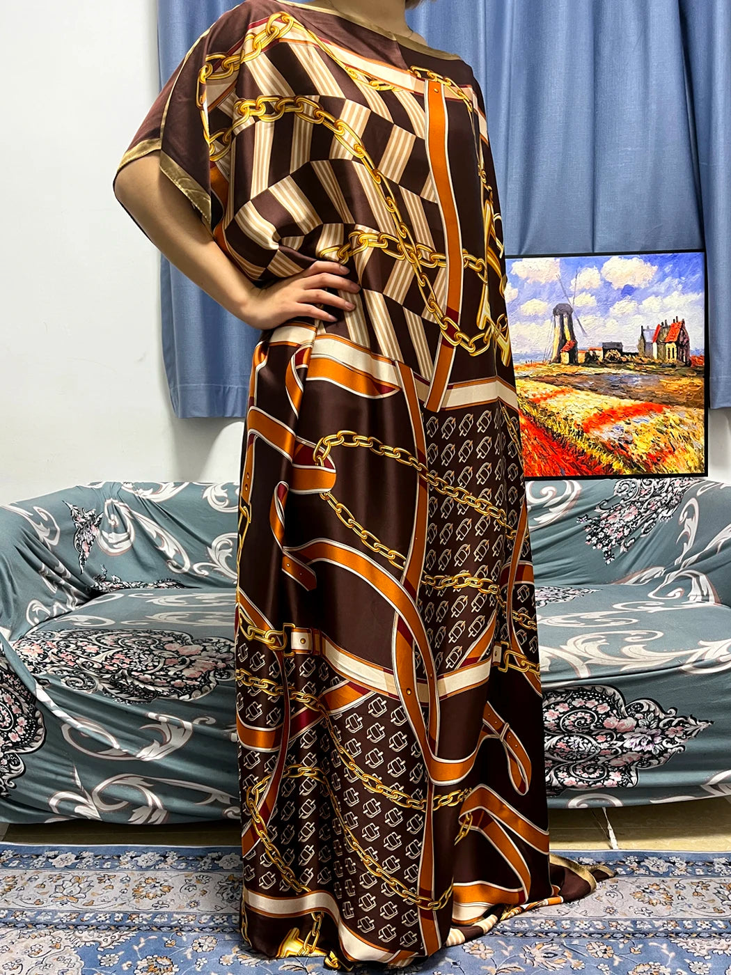 Muslim Silk Abayas For Women 2023 Fashion Print Islam Turkey Loose Elegant Femme Robe African Summer Ice Clothes With Headscarf