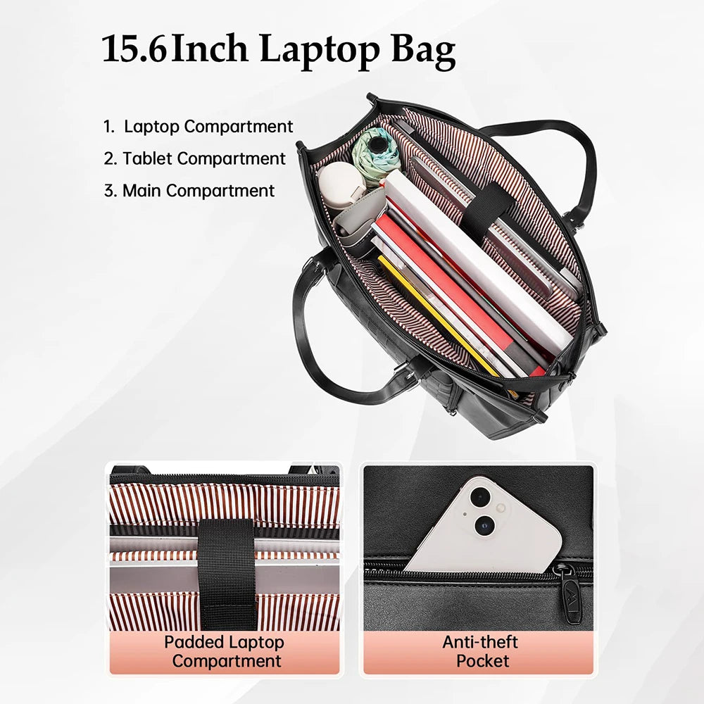 15.6" Laptop Bag with Insulated Lunch Compartment - PU Leather Briefcase for Work, School & Travel (Waterproof, Multi-Pocket)
