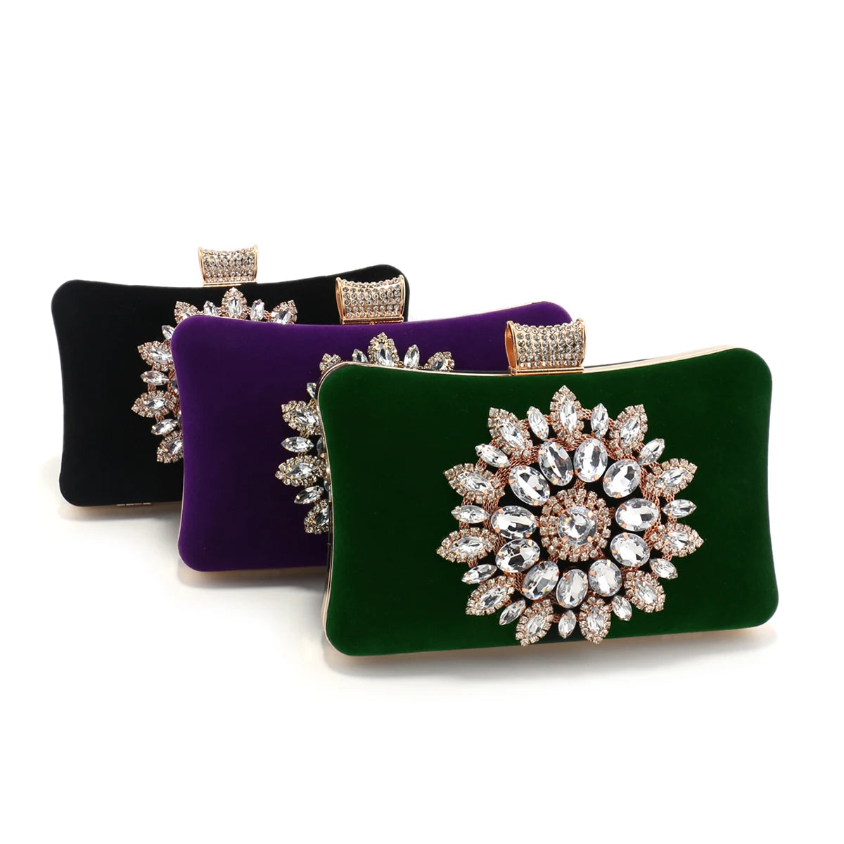 Black Color Women Evening Bags  Velvet Party Handbags Flower Rhinestones Clutch Bags New Arrival Event Banquet Flap Diamonds Pur