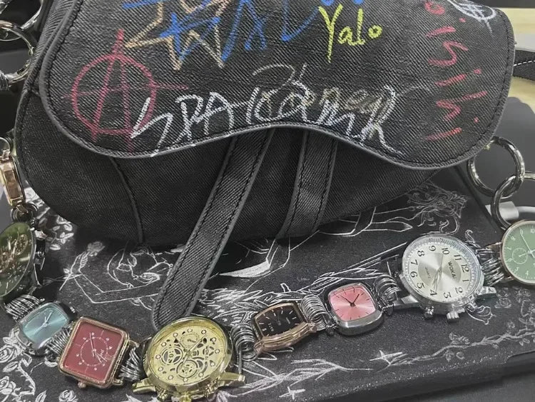 Designer Luxury Saddle Bag Women 2025 New In Fashion Chic Metal Watch Strap Shoulder Bag Trend Graffiti Novelty Female Bags