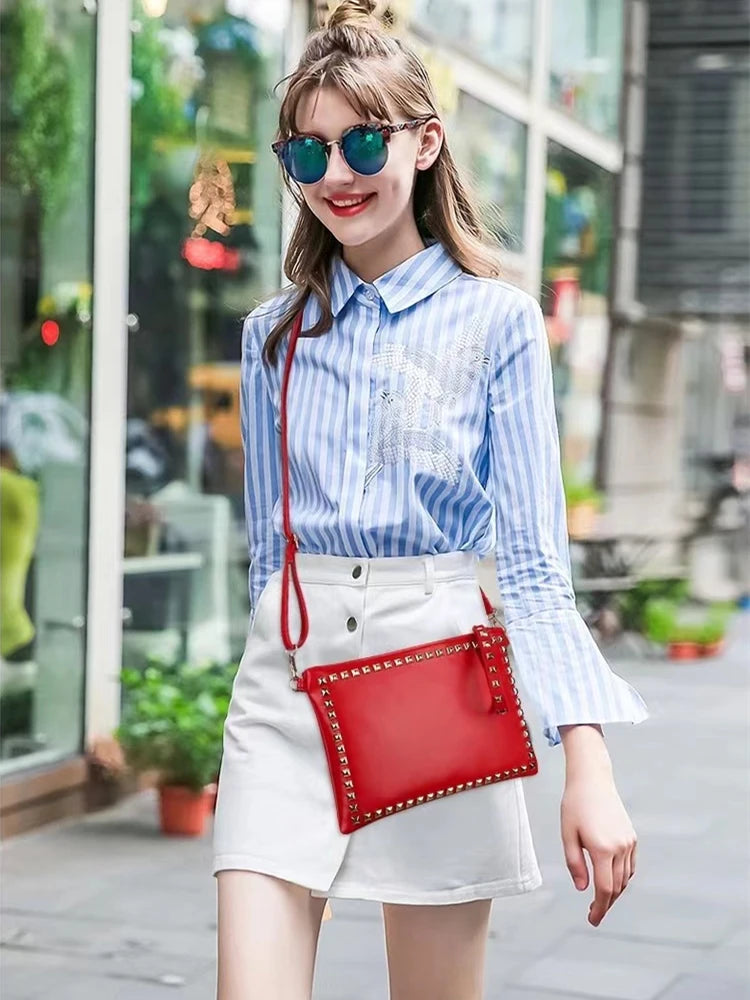 Leather Rivet Handbags for Women, Daily Clutches, Black Envelope, Evening Party Bag, High Quality, Female Shoulder Bags