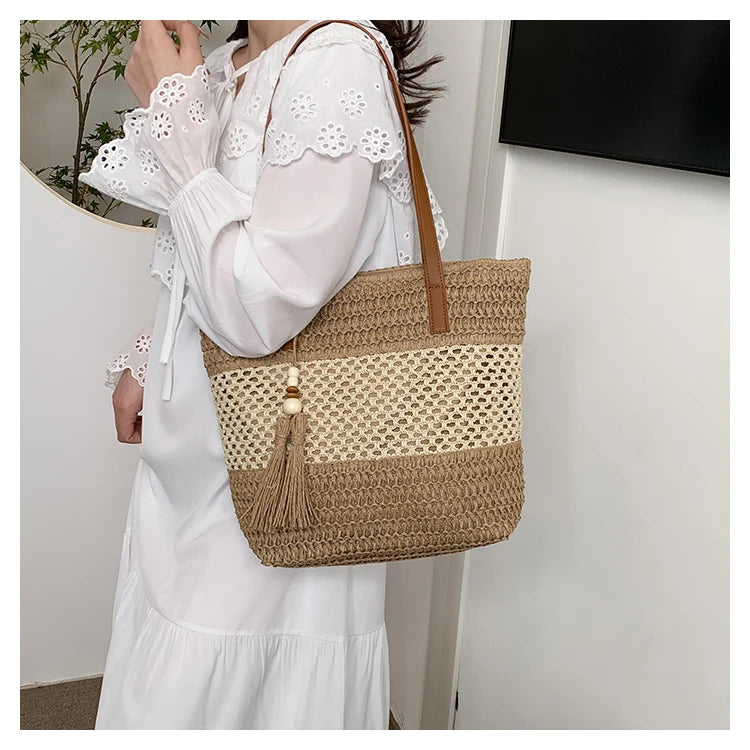 Color-blocked Linen Knitting Fashion Shoulder Bag Hollow Large Capacity Zipper Casual Tote Hot Sale Bags for Women Bolsa Mujer