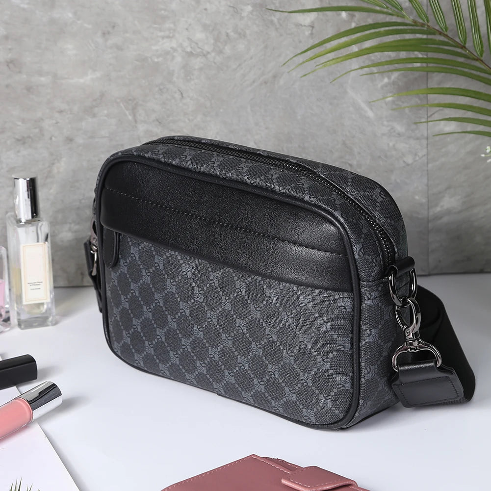 Luxury Business Shoulder Bag for Men Design Plaid PU Leather Messenger Crossbody Bag Casual Zipper Small Square Sling Bag Pouch
