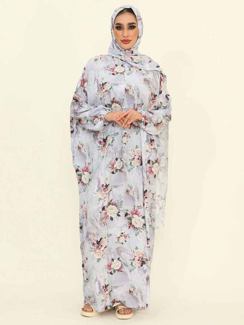 Autumn New Muslim Fashion Abaya Dresses with Hijab One Piece Prayer Dresses Flower Printed Pretty Dubai Abayas