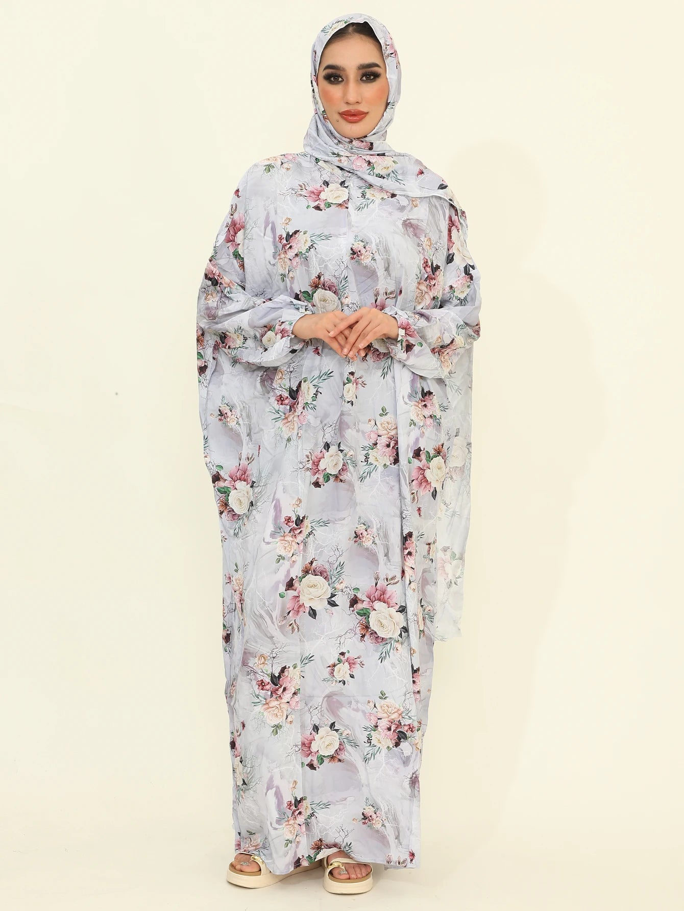 Autumn New Muslim Fashion Abaya Dresses with Hijab One Piece Prayer Dresses Flower Printed Pretty Dubai Abayas