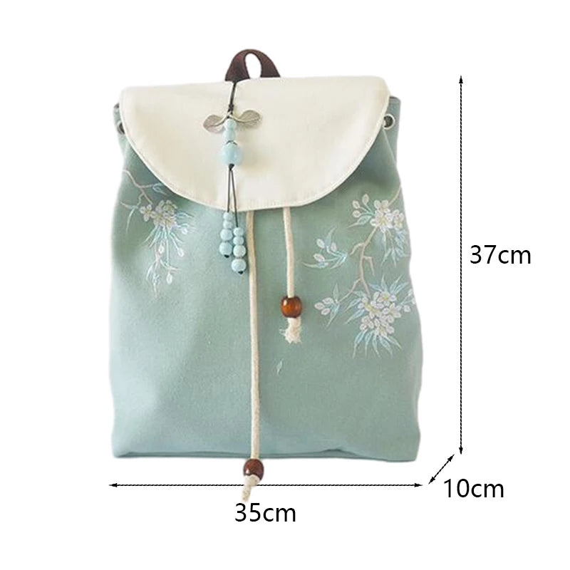 Women's Canvas Embroidered Flower Tassel Backpack Chinese Style Hanfu Casual Pendant Multi Pocket Large Capacity Girls Handbag