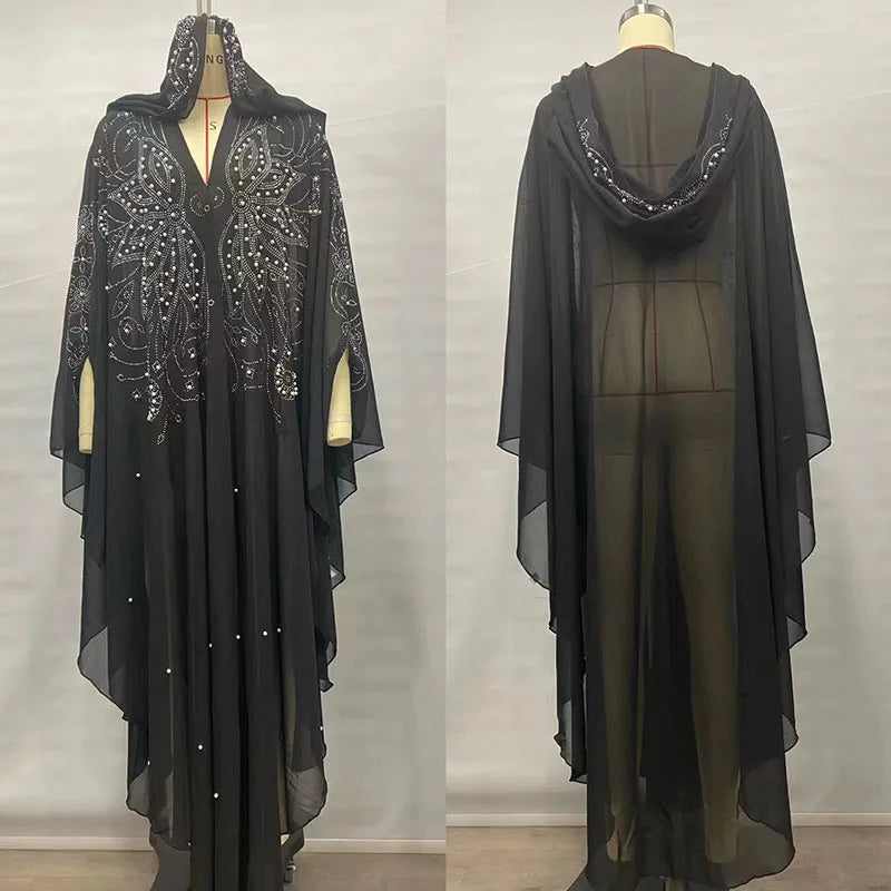 Eid Muslim Dress for Women Bat Sleeve Abaya Luxury Diamond Flower Party Dresses 2025 New Kaftan Cardigan Chiffon Long Robe Lady